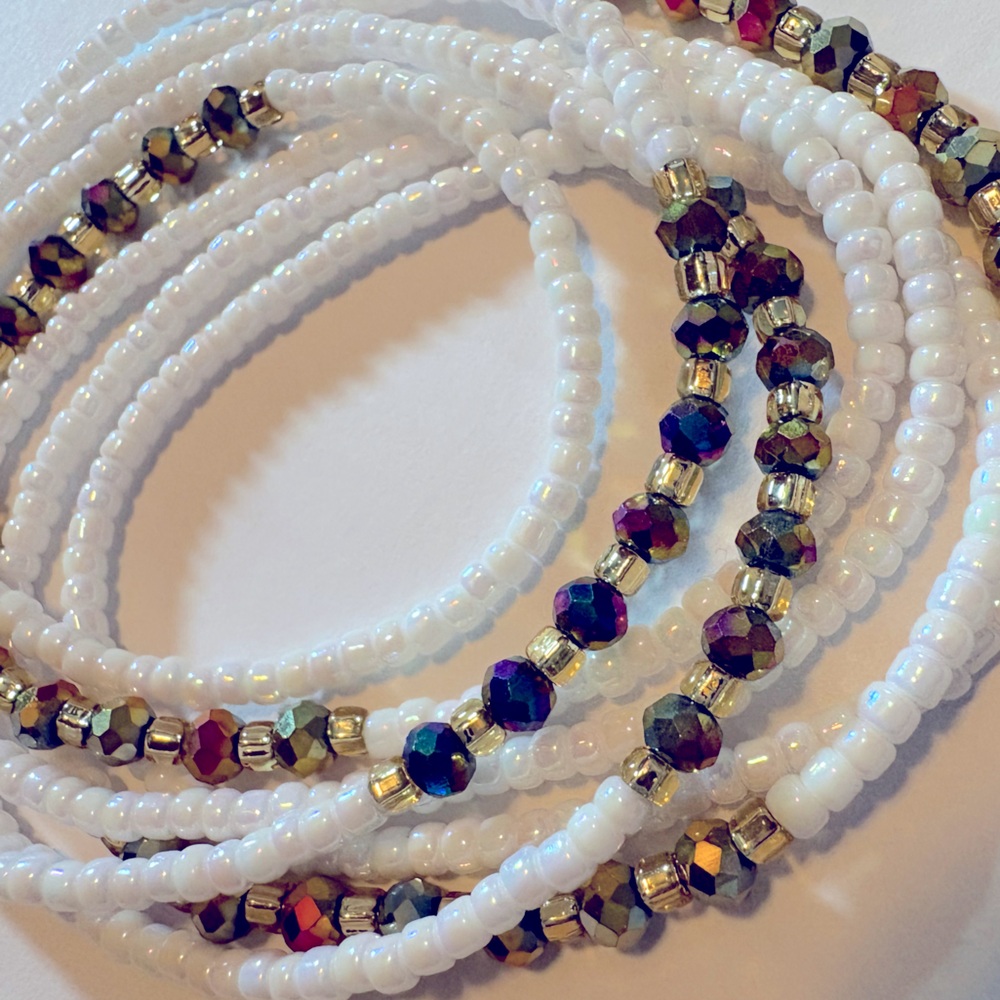 NWT White, Gold & Iridescent Beads BEGINNER Waistbead up to 50 inches - Picture 5 of 11